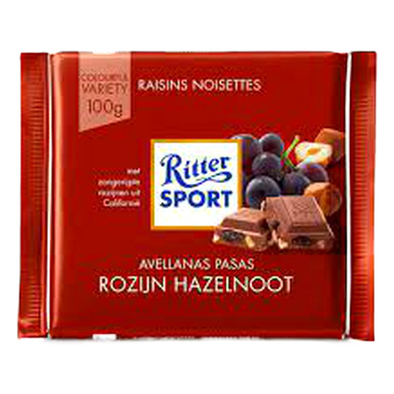RITTER SPORT CHOCOLATE CON LECHE PASAS Y AVELLANAS 100G 